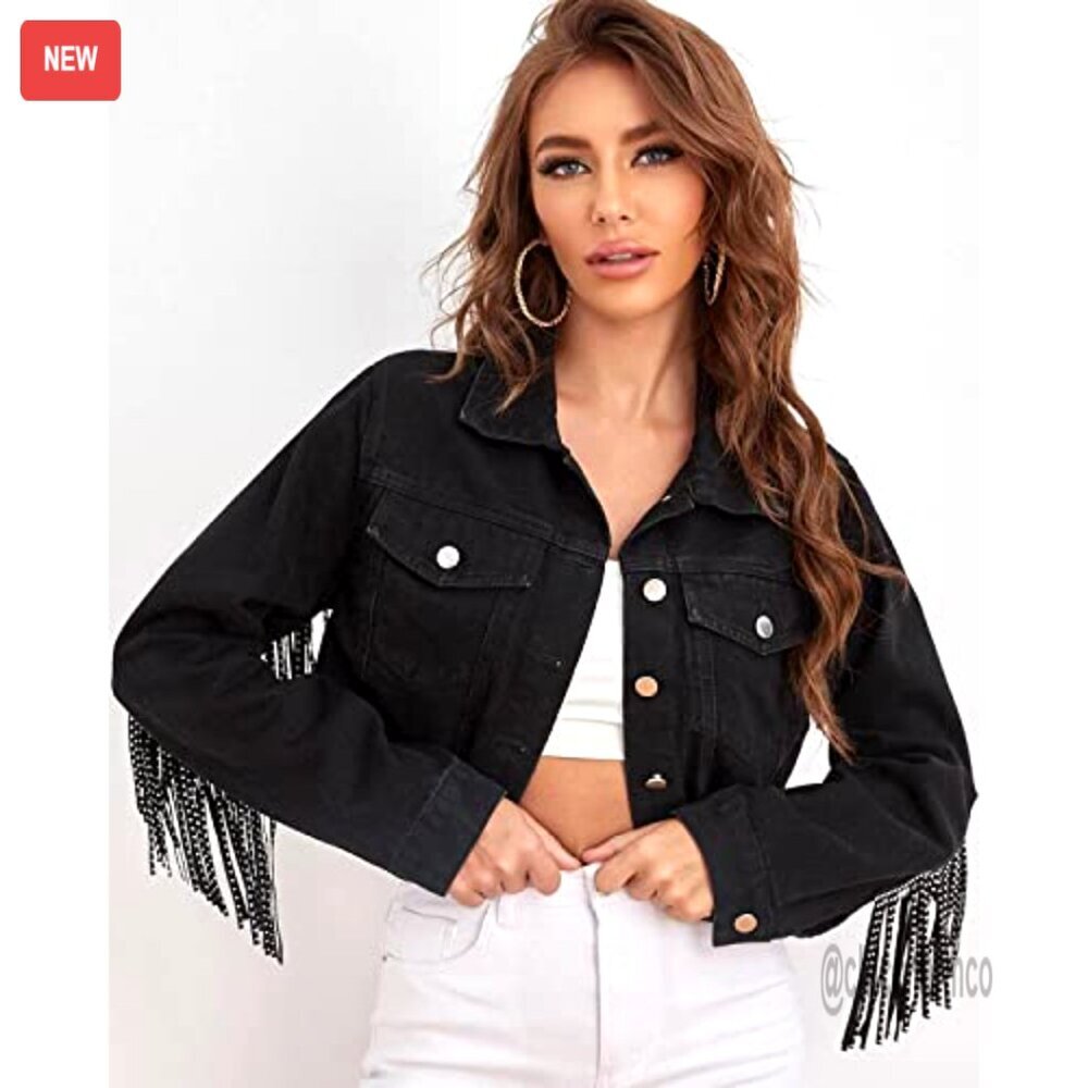 Fringe Tassel Distressed Ripped Crop Denim Jacket - Picture 2 of 7